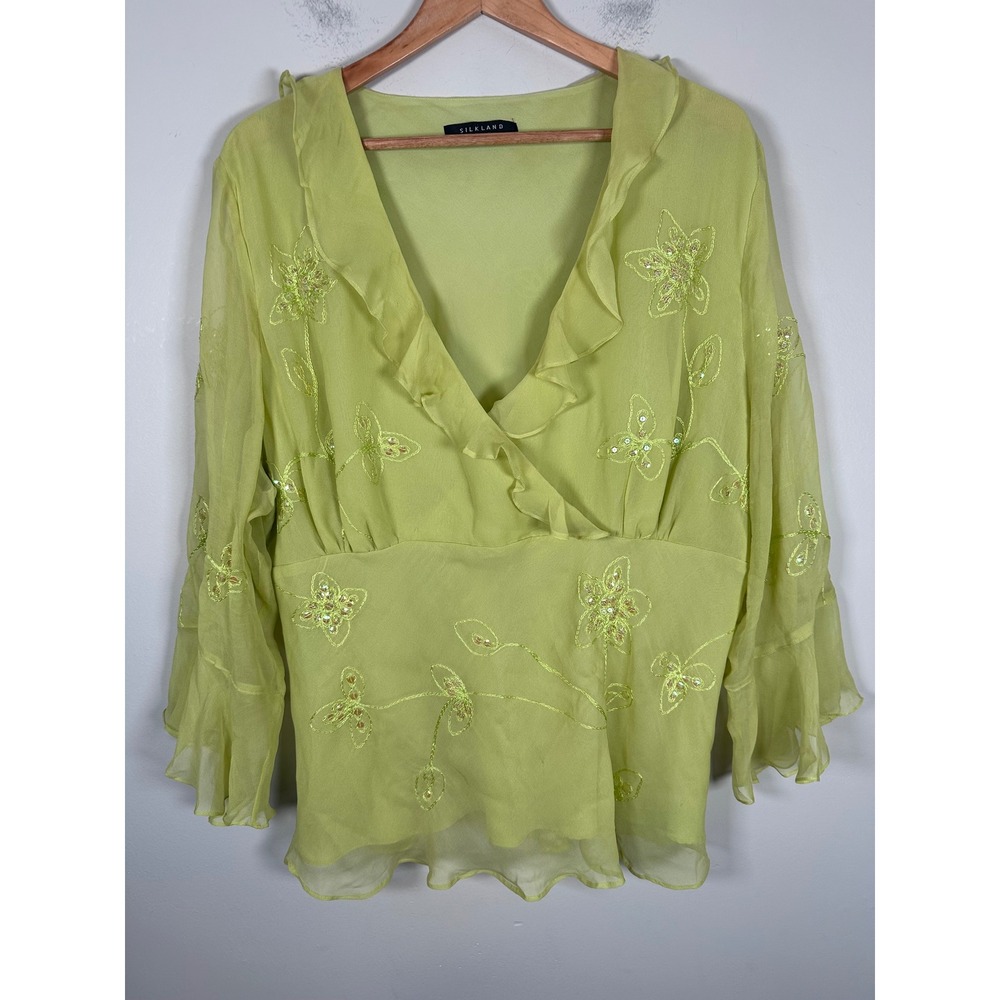 Silkland Floral Embroidered Sequin Blouse Women XL Green Fairycore Whimsy Y2K